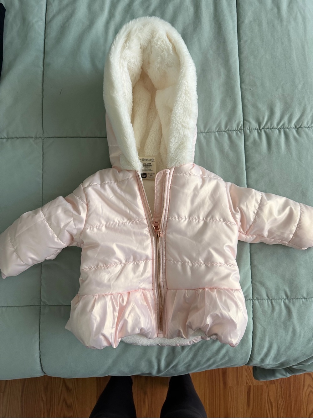 First Impressions Light Pink Hooded Puffer Jacket with Faux Fur Lining